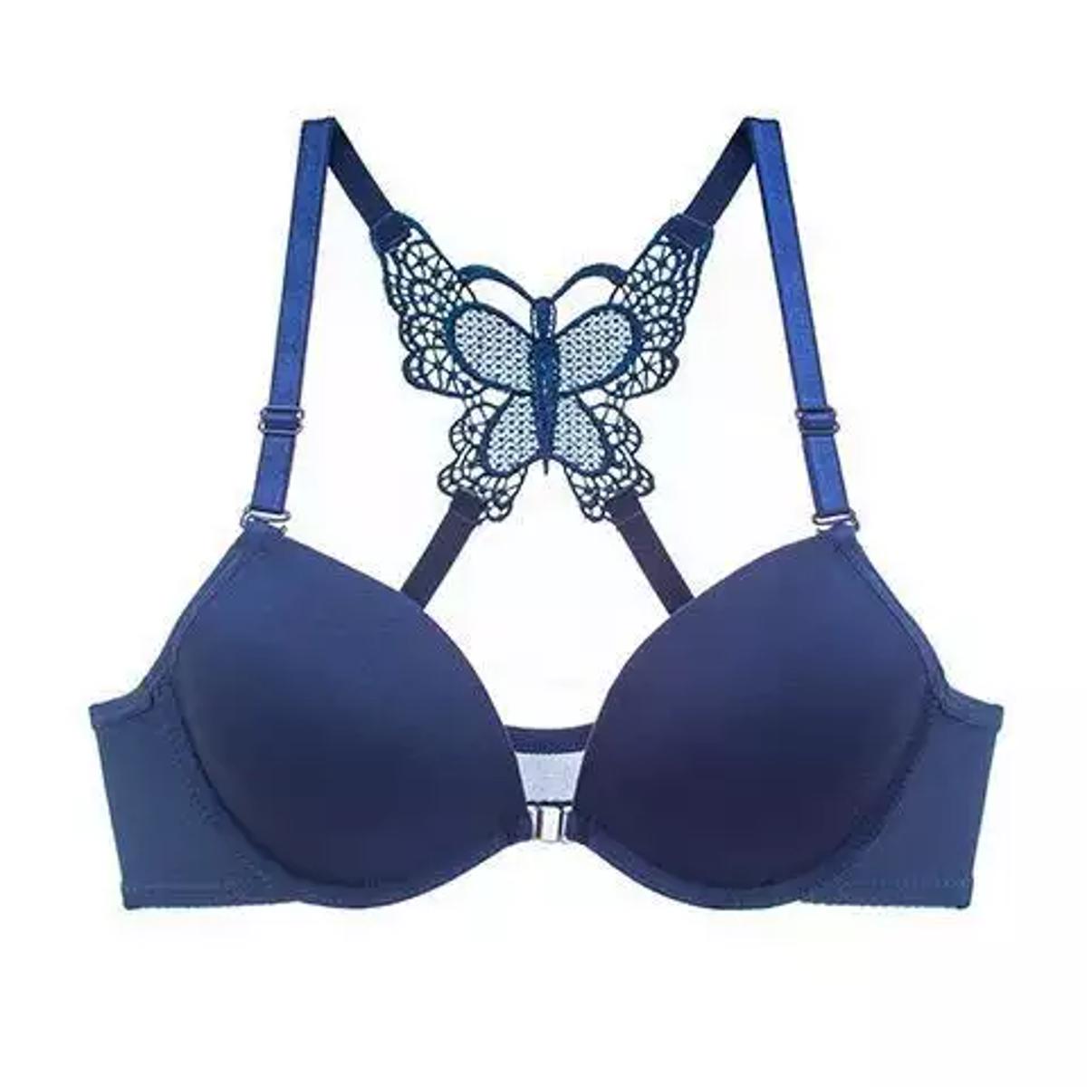 Front Open Button Bras Push up Ladies Bras Classic Padded Bras for Women Navy Blue