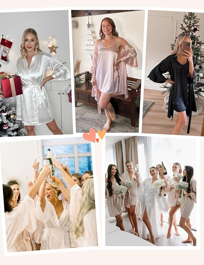 Women's Silk Robe Set V-neck 2 Piece Bridal Party Robes and Satin Bathrobe Set with Pockets