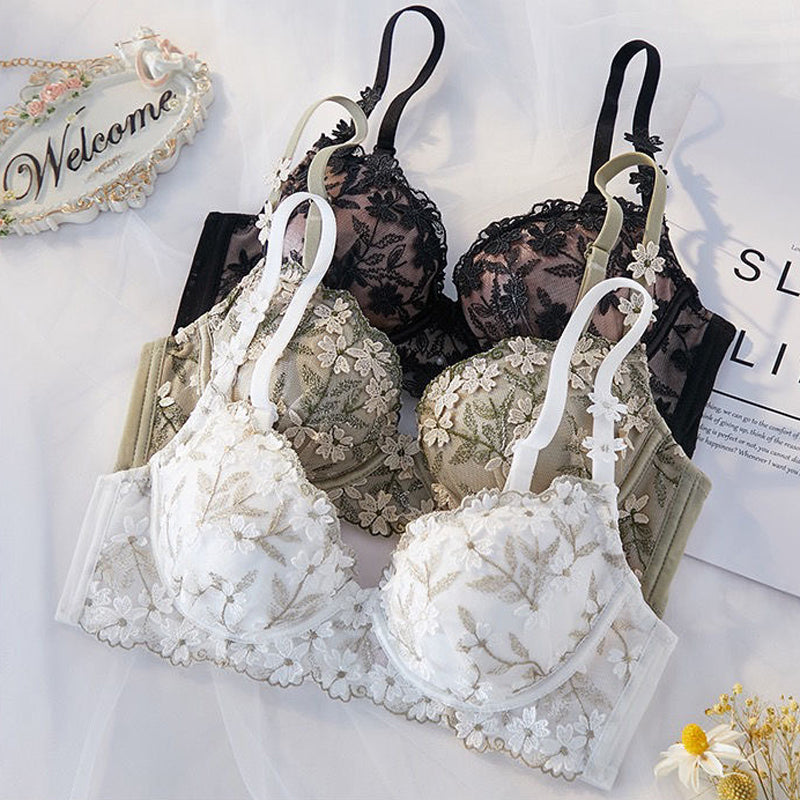 Women Lingerie Lace Ruffle Straps Bralette Soft Trim Padded Panties Push Up Wireless Bra Sets A B Embroidery