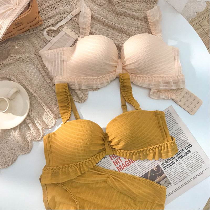 Women Red Yellow Lace Trim Half Cup Padded Bras Bralette Panties Push Up Sexy Lingerie Sets Underwear A B