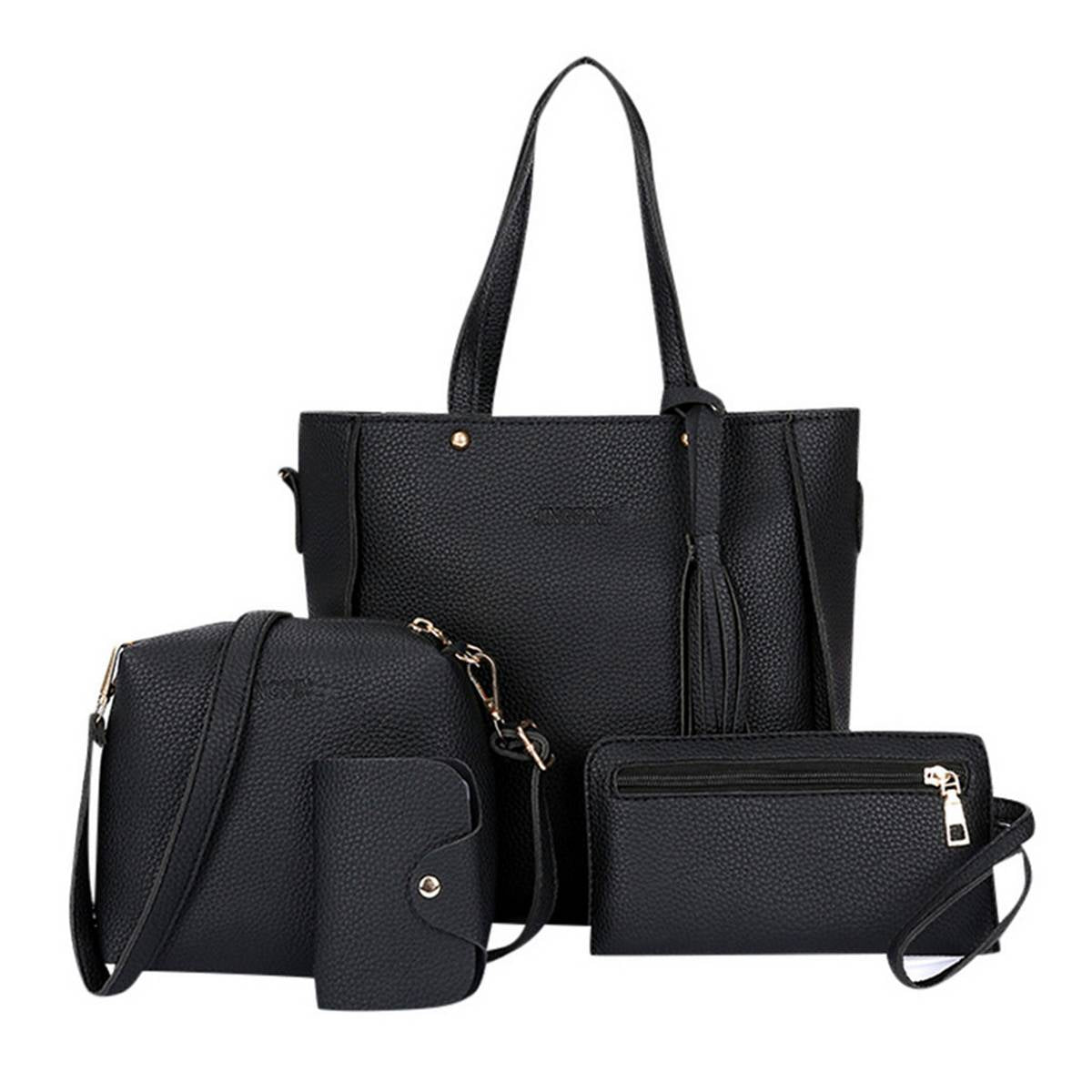 4Pcs Women Tassel Solid Color Faux Leather Handbag