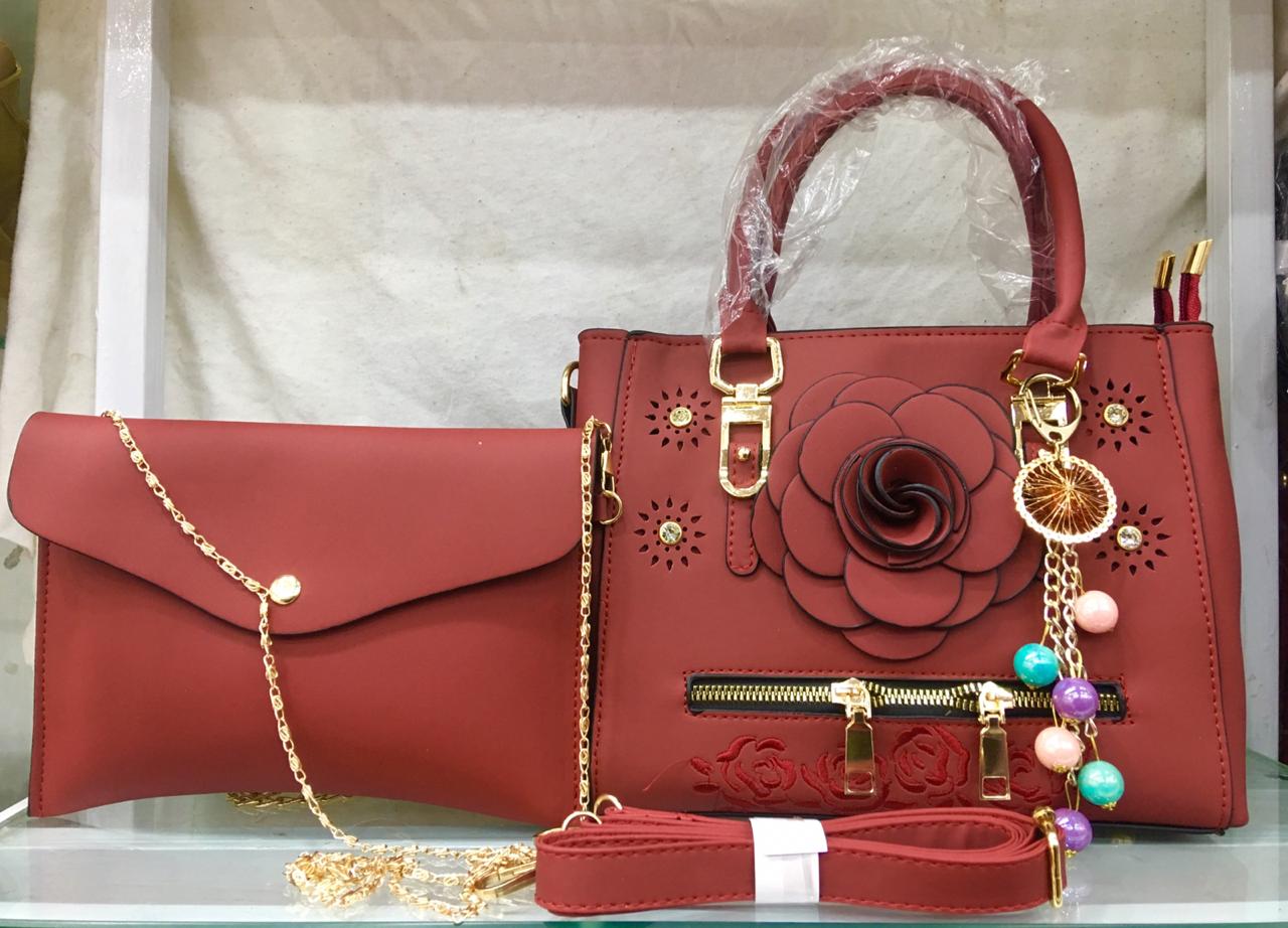 2 pcs Original Leather Red Hand Bag For Ladies & Girls Shoulder Purse