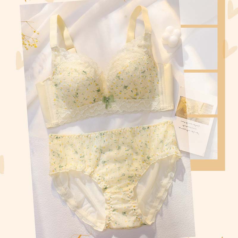 For Women Pink Blue Lingerie Lace Padded Bralette Bow Soft Trim Panties Invisible Wireless Bra Sets Underwear