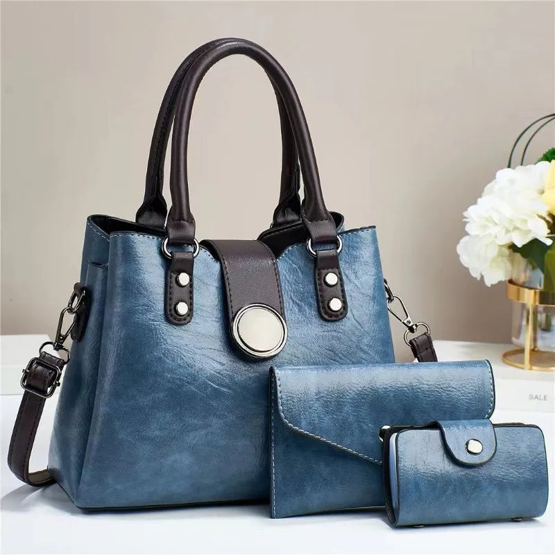 Fashion Three Piece Set Casual Tote Bags Vintage Leather Luxury Handbags Brand Designer Large Capacity Shoulder Messenger Bag