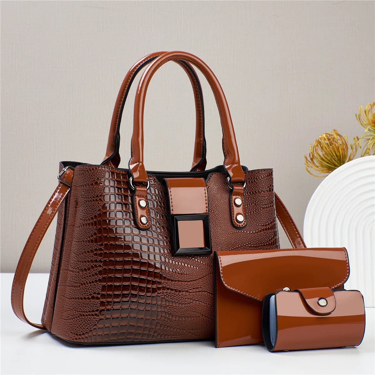 European & American 3 Piece Set Women's Bag Bright Leather Handbag Trend Shoulder Shopping Women's Crossbody Bag Casual Tote Bag