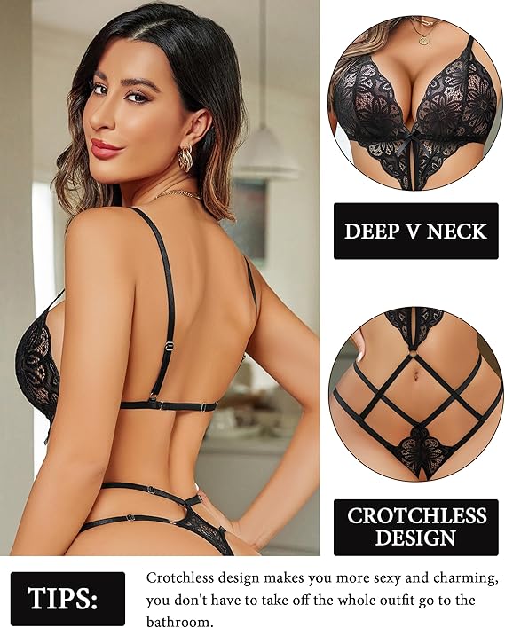 Women Lingeries Deep V Teddy Lingerie Lace Bodysuit Cut Out One Piece Mini Babydoll (Black)