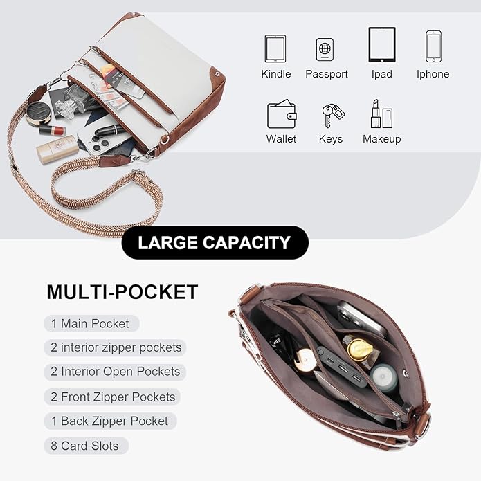 Crossbody Bags for Women Rfid Travel Crossbody Purses Leather Handbags Medium Shoulder bag with Adjustable Strap Beige