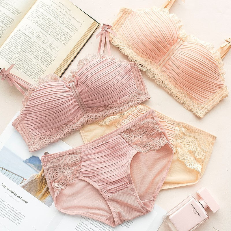 New For Women Lace Trim Half Cup Straps Bow Bralette Panties Wireless Underwear Sexy Lingerie Push Up Bra Sets