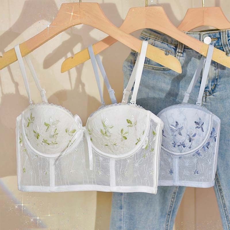 For Women Green Padded Lace Trim Straps Invisible Bras Cotton Panties Push Up Bra Set Sexy Lingerie Set Underwear