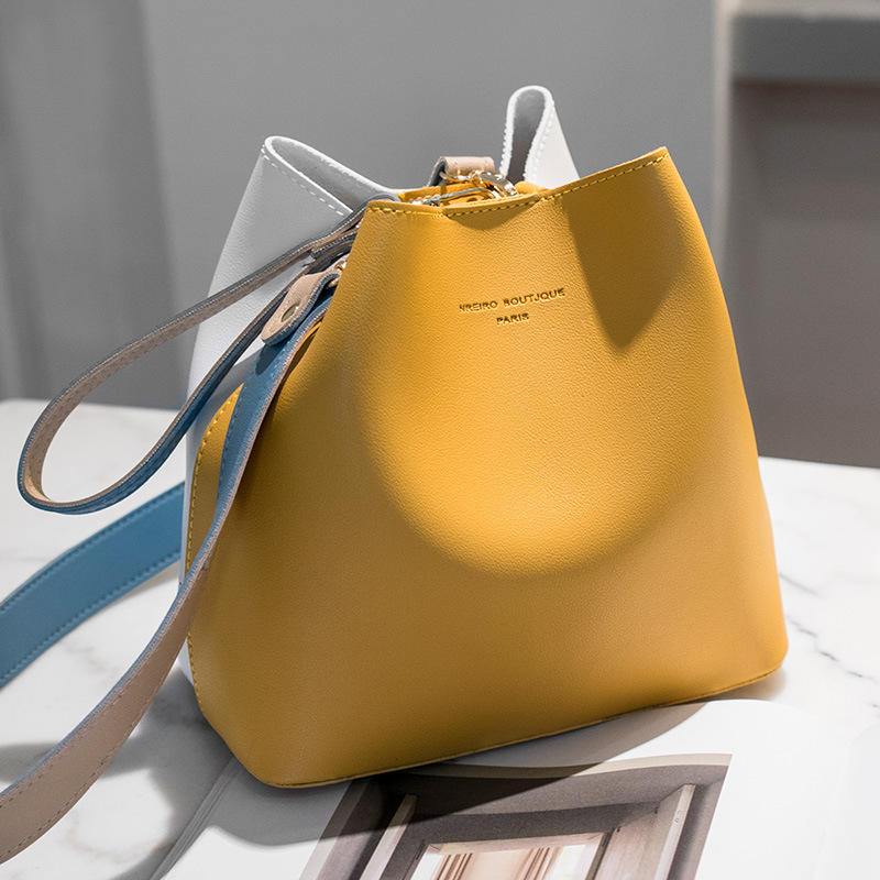 Lady Leather Contrast Colour Bucket Bag For Womens