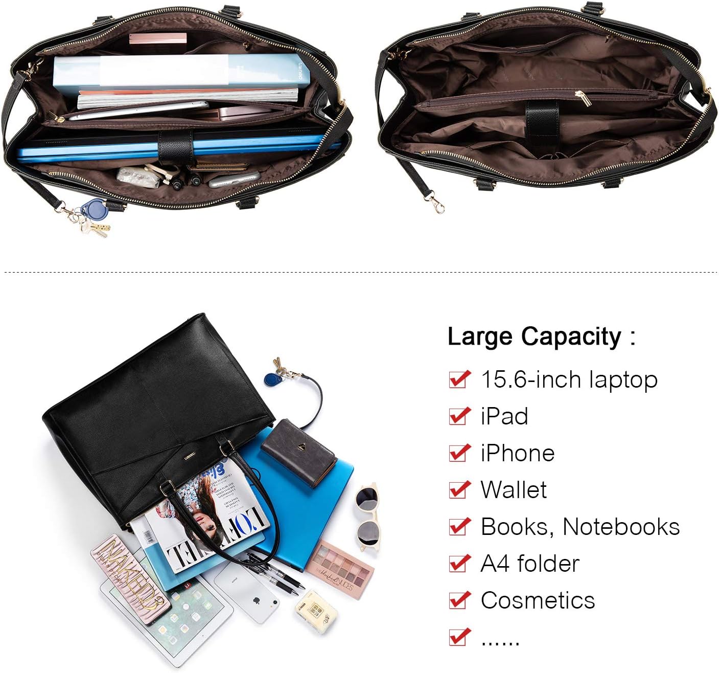 Laptop Tote Bag for Women 15.6 Inch Waterproof Leather Computer Bags Business Office Work Briefcase Black