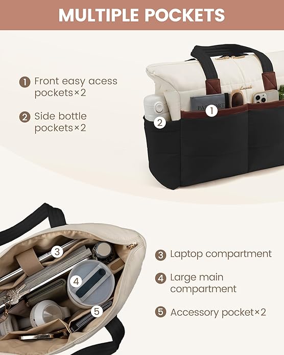 Tote Bag for Women,Light Puffer Tote Bag with Multi-pockets,Stylish Carry on Laptop Bags for Daily,Travel,Work,Gym