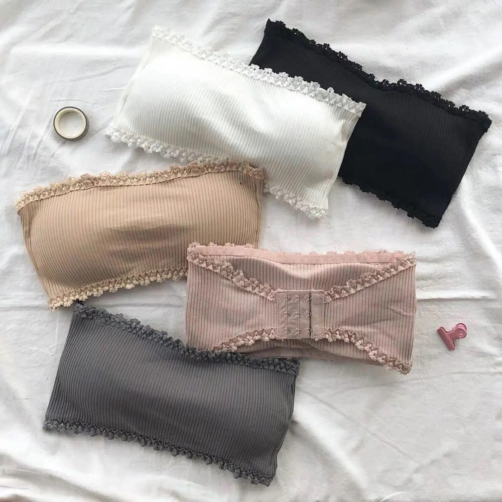 Gathering Strapless Bra Lace Lingerie Breathable  Lace trim Bustier Non Slip Vertical Striped Invisible Gathering Brassiere for Dress Accessory  Apparel Women's  lingerie Women's Fashion
