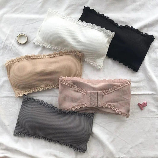 Gathering Strapless Bra Lace Lingerie Breathable  Lace trim Bustier Non Slip Vertical Striped Invisible Gathering Brassiere for Dress Accessory  Apparel Women's  lingerie Women's Fashion