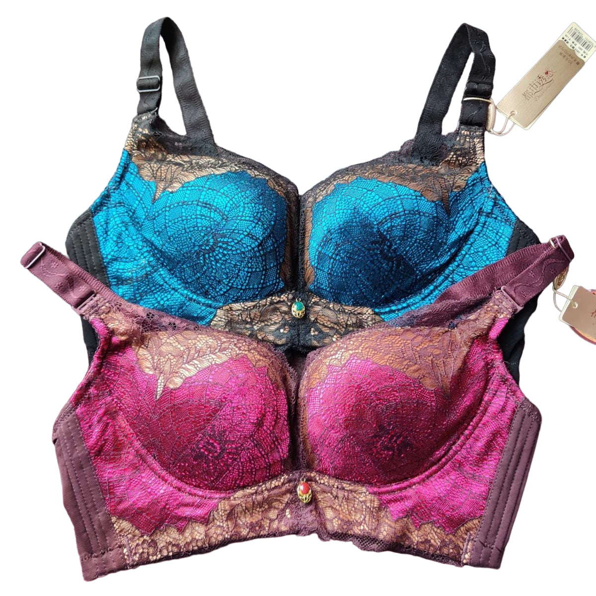 New Classical Floral Lace Double Pad Imported Push Up Back Closer Wireless With Adjustable Shoulder Straps For Womens And Girls