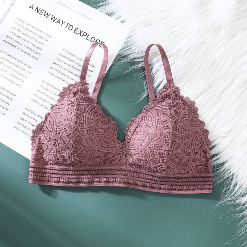 Lace Thin Section Bra Solid Color Embroidery Hollow Tube Top Triangular Soft Seamless Underwear Women Low Back Transparent