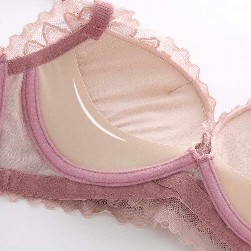 Women Pink Green Lace Trim Bow Padded Bras Bralette Cotton Panties Push Up Sexy Lingerie Sets Underwear A B