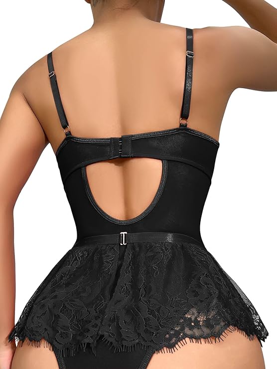 Stocking Rhinestones Heart Garter Underwire Floral Mesh lace Sheer Babydoll Lingerie Teddy Bodysuit Skirt Set (Black)