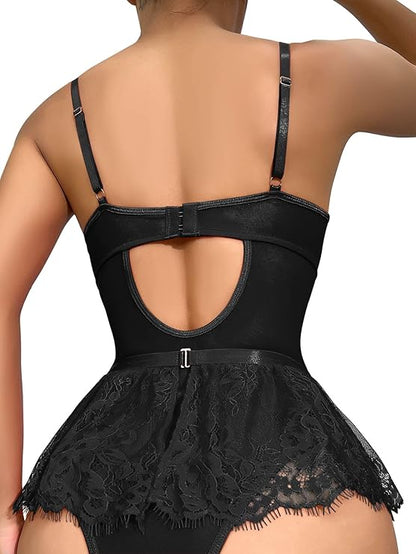 Stocking Rhinestones Heart Garter Underwire Floral Mesh lace Sheer Babydoll Lingerie Teddy Bodysuit Skirt Set (Black)