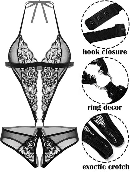 Women Deep V Lingerie Lace Teddy One Piece Babydoll Mini Bodysuit