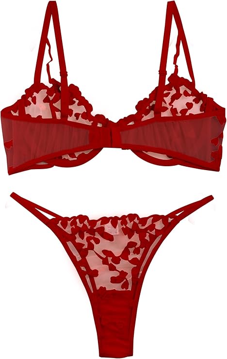 Underwire Cute Push Up Strappy Embroidered Mesh Sheer Lingerie Set See Through Panty Bra (Bow Red)