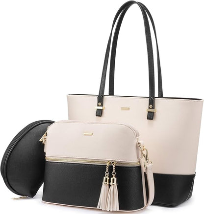 Handbags for Women Shoulder Bags Tote Satchel Hobo 3pcs Purse Set Black-Beige