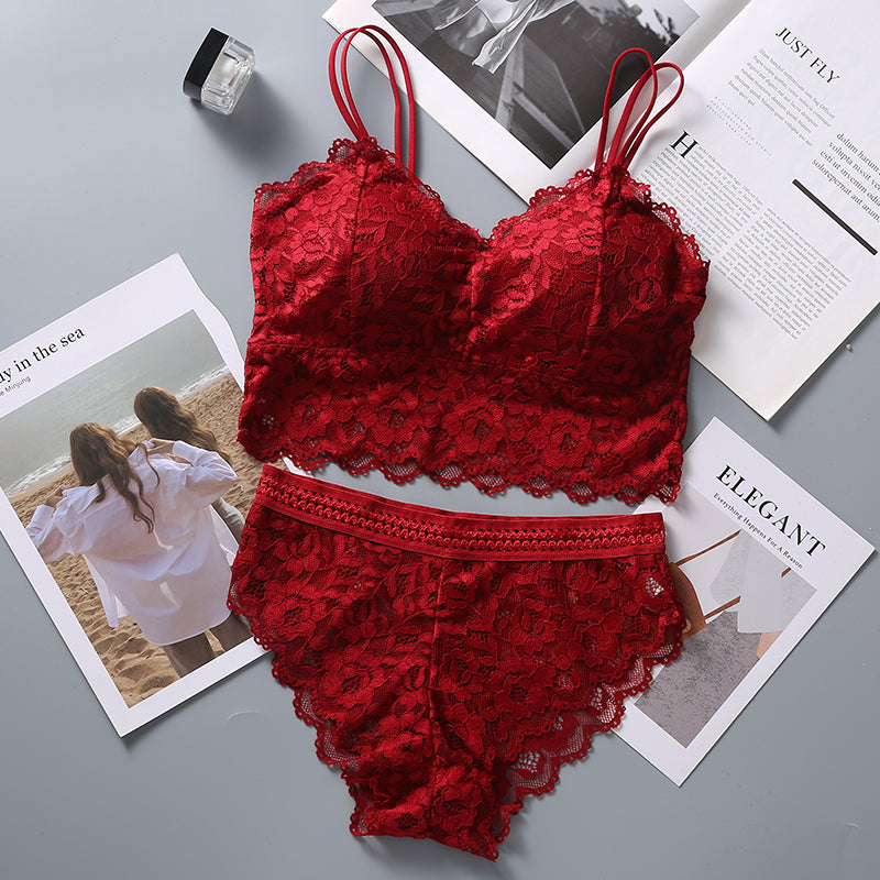 Lace Bra And Pantys Set French Bralette Set Women Low Waist Panties Padded Underwear Female Sexy Lingerie Set Wire Free Intimate