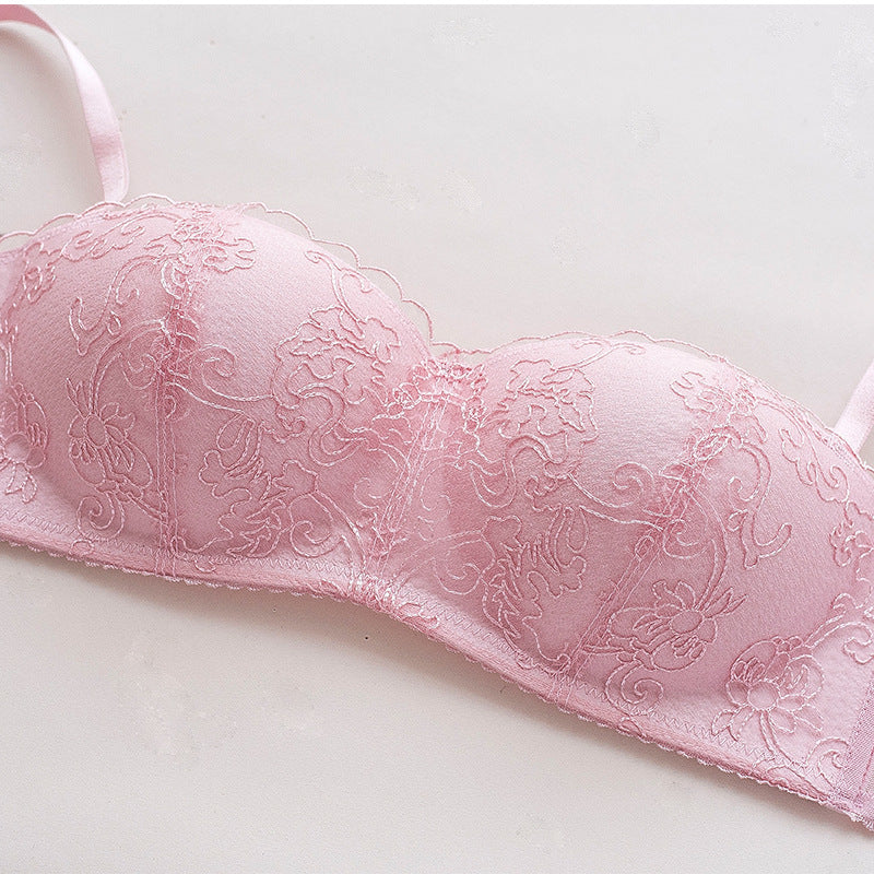 New For Women Pink Sexy Lingerie Lace Embroidery Half Cup Bralette Cotton Panties Wireless Bra Sets Underwear