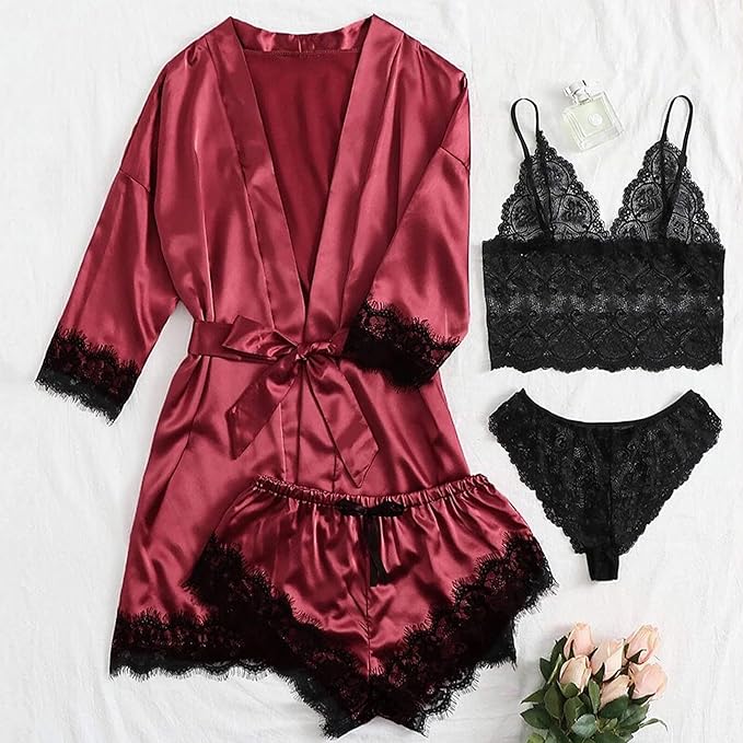 Women Lingerie Sleepwear Satin Pajamas Set 4pcs Lace Cami Nightgown with Robe
