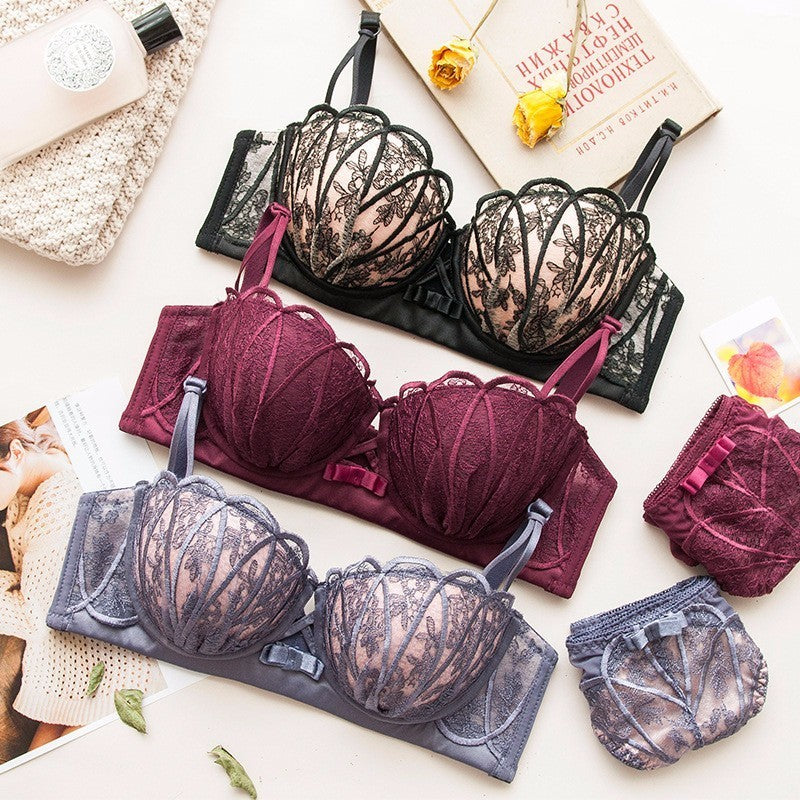 Women Red Lace Trim Mesh Padded Bras Bralette Hollow Cotton Panties Push Up Sexy Lingerie Sets Underwear