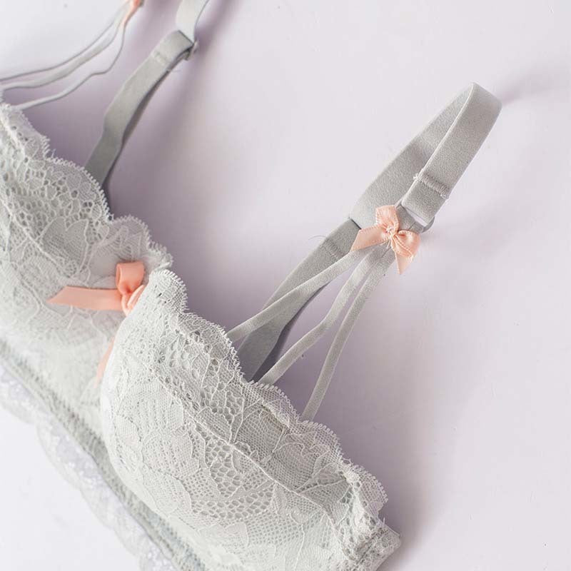 Women Purple Lingerie Lace Ruffle Straps Bralette Bow Soft Trim Padded Panties Push Up Wireless A B Bra Sets