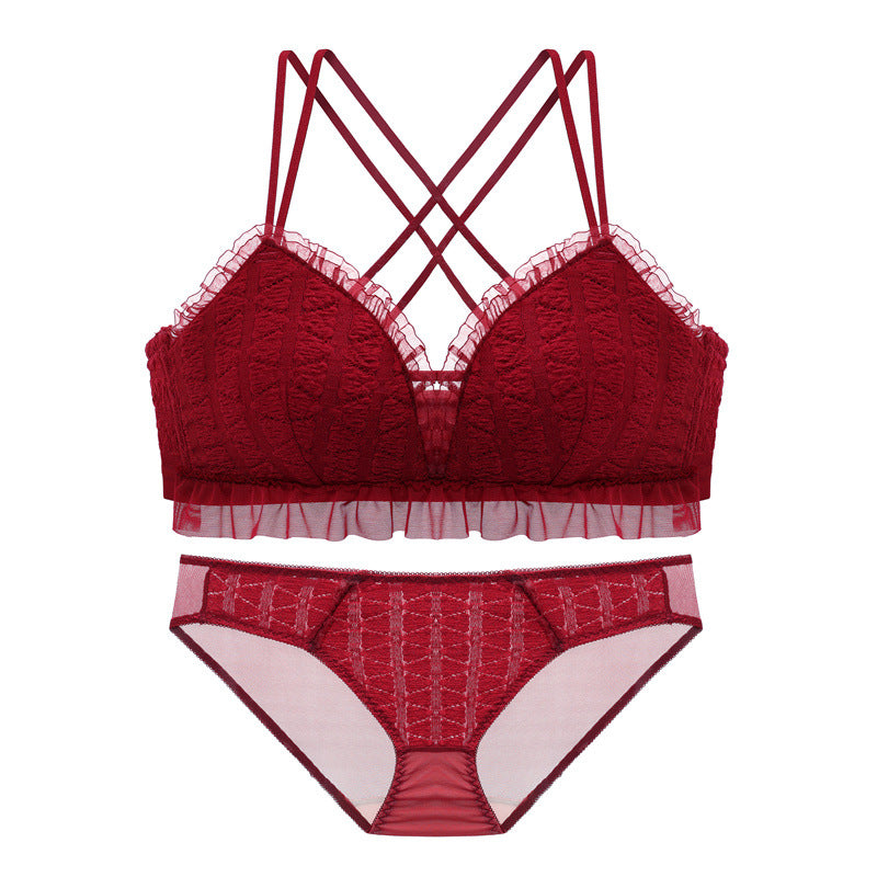 For Women Blue Red Lace Mesh Bra Sets Straps Bralette Cotton Panties Wireless Underwear Lingerie Cup A B