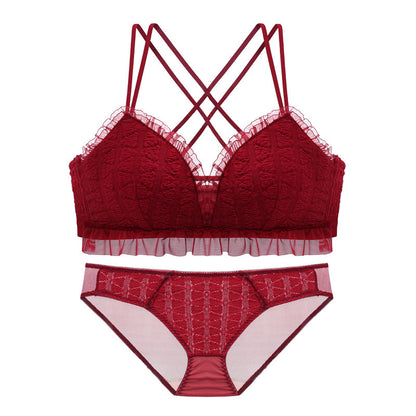 For Women Blue Red Lace Mesh Bra Sets Straps Bralette Cotton Panties Wireless Underwear Lingerie Cup A B