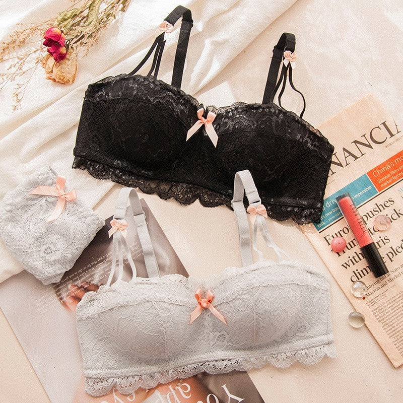 New For Women Sexy Lingerie Lace Trim Half Cup Straps Bow Cotton Panties Push Up Underwear Wireless Bra Sets A B