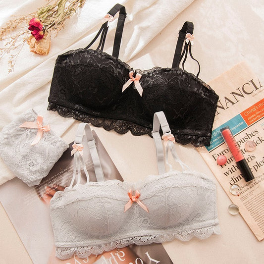New For Women Sexy Lingerie Lace Trim Half Cup Straps Bow Cotton Panties Push Up Underwear Wireless Bra Sets A B