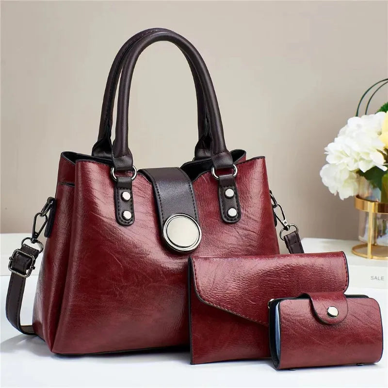 Fashion Three Piece Set Casual Tote Bags Vintage Leather Luxury Handbags Brand Designer Large Capacity Shoulder Messenger Bag