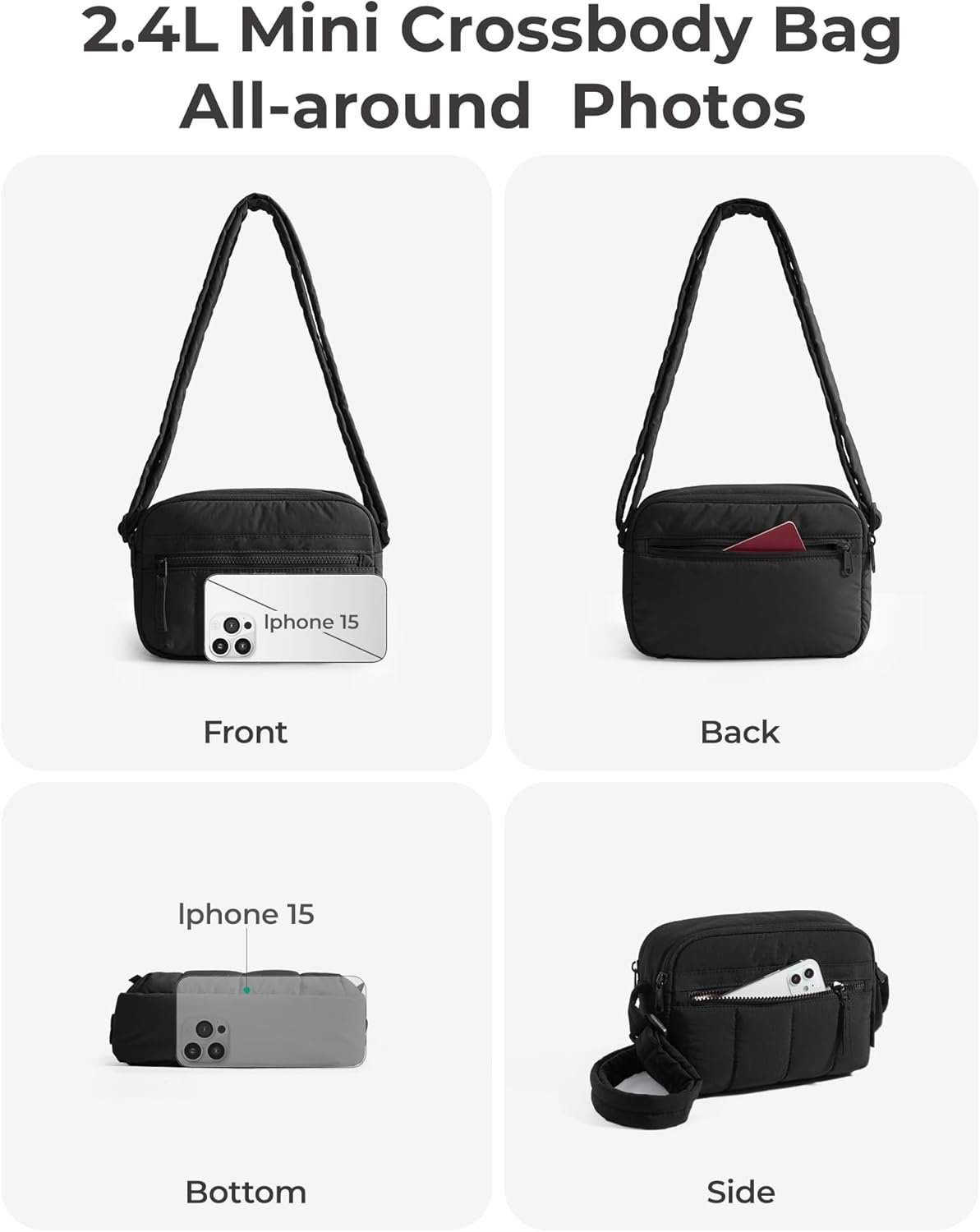 Cross Body Purse, Mini Crossbody Bags for Women Travel Purse, Puffy Shoulder Handbag Wallet with RFID Blocking Slots, Black-small