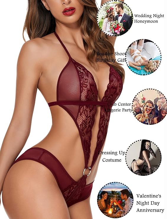 Women Deep V Lingerie Lace Teddy One Piece Babydoll Mini Bodysuit (Brown)