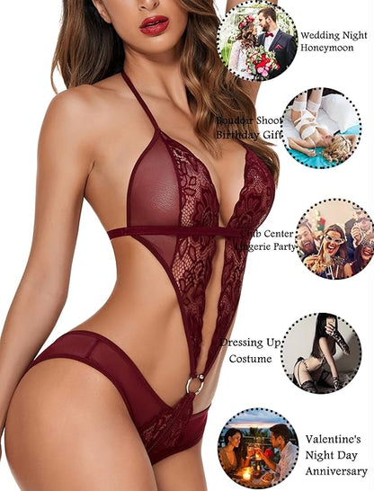Women Deep V Lingerie Lace Teddy One Piece Babydoll Mini Bodysuit (Brown)