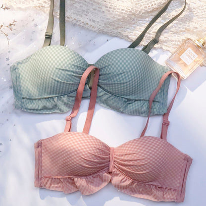 For Women Pink Green Sexy Lingerie Bralette Bow Cotton Panties Wireless Bra Sets Underwear A B Female Bras