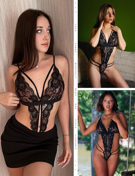 Women One Piece Lingerie Deep V Lace Bodysuit Babydoll Teddy Underwear