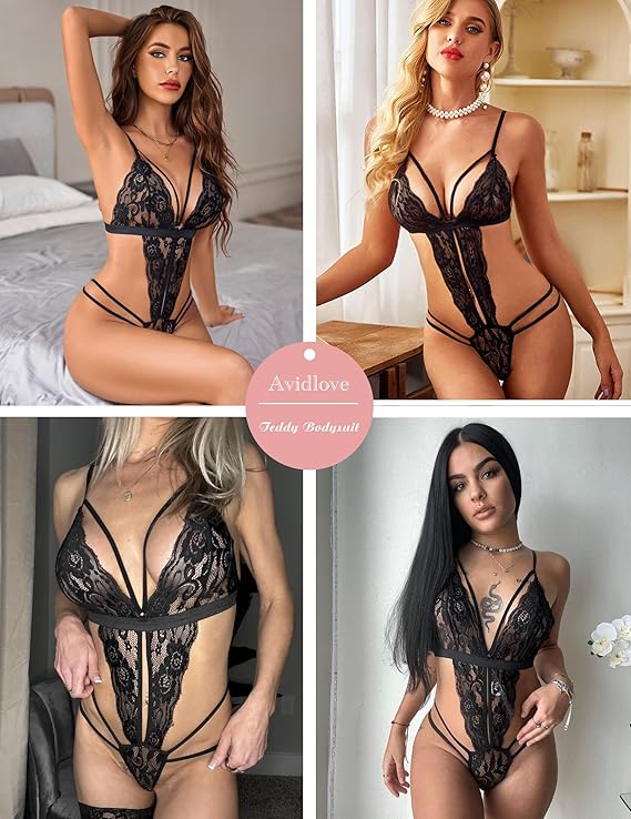 Women One Piece Lingerie Deep V Lace Bodysuit Babydoll Teddy Underwear
