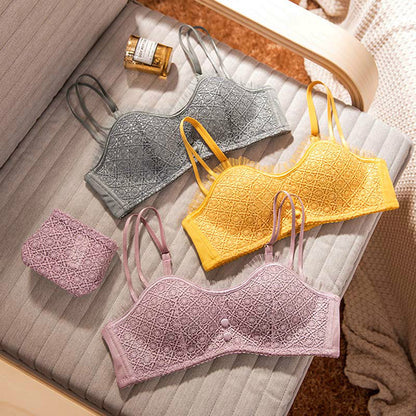 For Women Purple Gray Sexy Lingerie Wireless Bra Sets Lace Trim Cotton Panties Briefs Women Underwear Lovely A B