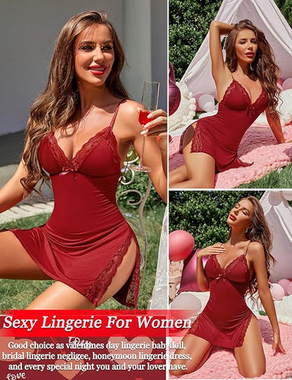 Women's Lingerie  Nightwear Spaghetti Strap Nightgown Babydoll (Wine Red)