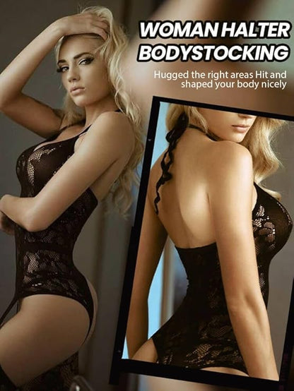 Womens Fishnet Bodystocking Plus Size Crotchless Bodysuit  Tights Soft Nightwear Lingerie