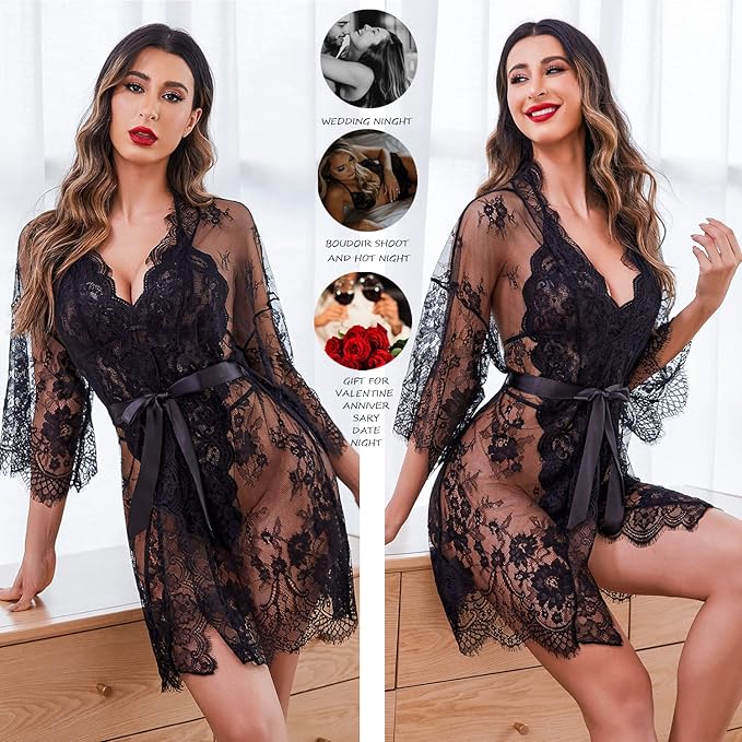 Women  Lingerie Set 2 Piece Lace Kimono Robe with Lace Teddy Lingerie Bodysuit