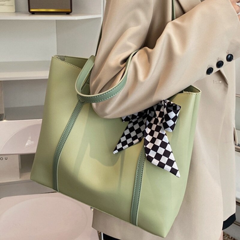 Big Shopping Bags for Women Quality Soft Leather Tote Bag Simple Large Capacity Shoulder Bag Ladys Silk Scarf Design Handbag Bag