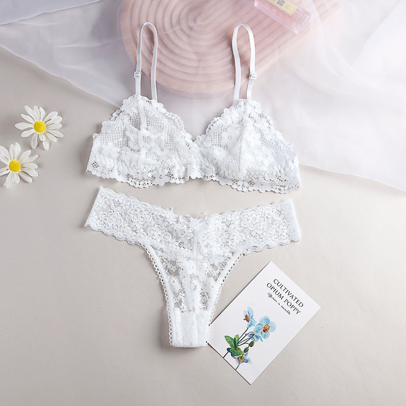 Women Sexy Lace Hollow Bra Suit Seamless Transparent Wire Free Bras Thin G String Panty Lingerie Set Unlined Bralette Set