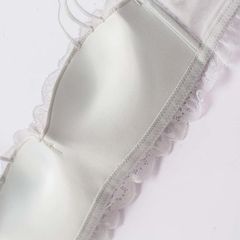 Women Purple Lingerie Lace Ruffle Straps Bralette Bow Soft Trim Padded Panties Push Up Wireless A B Bra Sets