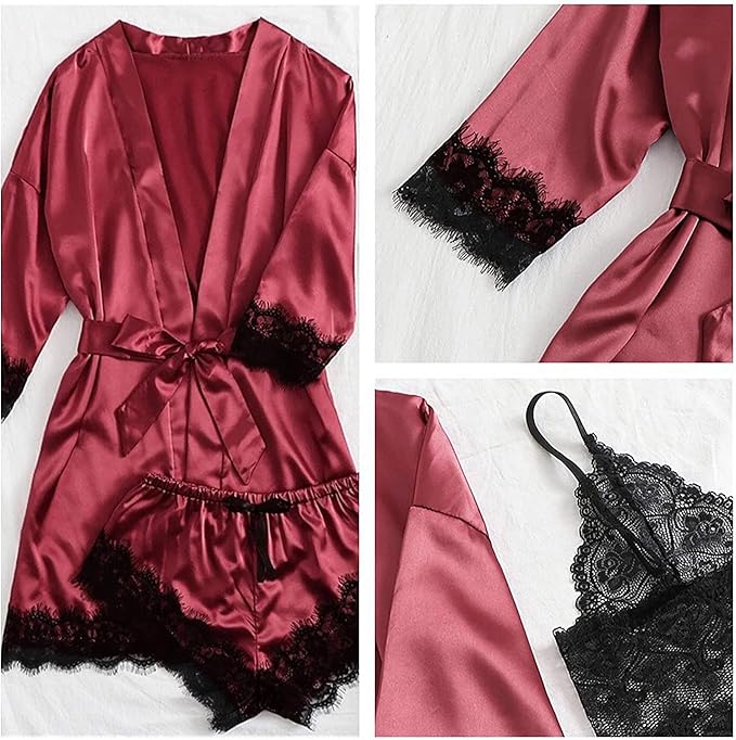 Women Lingerie Sleepwear Satin Pajamas Set 4pcs Lace Cami Nightgown with Robe